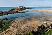 France, Ille et Vilaine, Cote d'Emeraude (Emerald Coast), Saint Malo, Fort National designed by Vauban and built by Siméon Garangeau from 1689 to 1693, Eventail beach at low tide with its wooden breakwaters