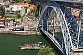 Portugal, North Region, Porto, historical center classified as World Heritage by UNESCO, historical district Cais de Ribeira, Dom Luis I bridge built between 1881 and 1886 by the engineer Théophile Seyrig disciple of Gustave Eiffel and which spans the river Douro