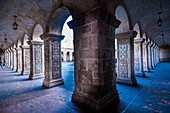 Peru, Arequipa, or White City, registered World Heritage site by UNESCO, colonial center, La Compania church, from 17 th century, in white volcanic stone, the ignimbrite, called sillar, carved patio, with indian inpiration