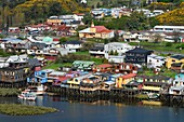 Chile, Los Lagos region, Chiloé Island, town of Castro, wooden fishing houses on stilts called palafitos in the estuary of the Gamboa River