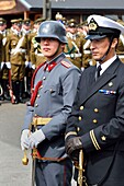 Chile, Los Lagos region, archipelago of Chiloe, Quinchao Island, Curaco de Velez, military parade in the small town for the feast of his greatest hero Rear Admiral Galvarino Riveros Cardenas