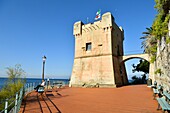 Italy, Liguria, Genoa, Nervi, genoese tower (Torre Gropallo) on the coastal promenade, the Passeggiata Anita Garibaldi