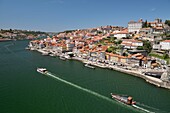 Portugal,Region Nord,Porto,historisches Zentrum,das von der UNESCO zum Weltkulturerbe erklärt wurde,Blick von der Dom-Luis-Brücke auf das historische Viertel Cais de Ribeira am Ufer des Flusses Douro,das von der Kathedrale und dem Bischofspalast dominiert wird