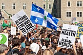 Canada, Province of Quebec, Montreal, the march for the climate, the procession, crowd waving signs with slogan, Quebec flag with green dot