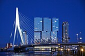 Niederlande,Südholland,Rotterdam,Süduferbereich entlang der Nieuwe Maas mit dem vom niederländischen Architekten Rem Koolhaas (OMA) entworfenen Gebäude De Rotterdam (2014) und der Erasmusbrücke im Vordergrund