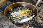 Philippines, Palawan, Roxas, Johnson Island, fishes being fried