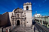 Peru, Arequipa, or White City, registered World Heritage site by UNESCO, colonial center, La Compania church, from 17 th century, in white volcanic stone, the ignimbrite, called sillar, carved patio, with indian inpiration