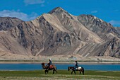 China, Xinjiang autonomous region, Pamir highlands, pastures and semi nomadic kirghize communities of lake Karakul, shepherds riding horse and camel with the Mustagh Ata 7546 m in the back