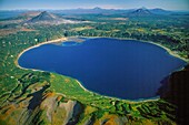 Russia, Kamchatka, lake in the crater of the Bolshoi Semiachik volcano (aerial view)