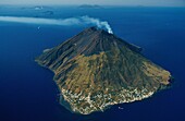 Italy, Aeolian Islands, Stromboli, Stromboli island from the sky in the Aeolian Islands (aerial view)