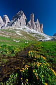 Italien,Trentino-Südtirol,Dolomitenmassiv,das von der UNESCO zum Welterbe erklärt wurde,Drei Zinnen von Lavaredo