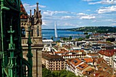 Switzerland, Geneva, Old Town, St. Pierre Cathedral built in the 13th century, the main protestant church since 1535, view of the city from the bell tower, overlooking the Lake Geneva (Leman Lake) harbor and the water jet