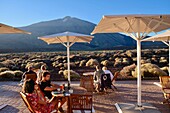 Spain, Canary Islands, Tenerife Island, Teide National Park, listed as World Heritage by UNESCO, terrace of Parador de Canadas del Teide hotel with views of Pico del Teide