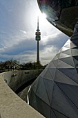 Germany, Bavaria, Munich, BMW Welt, showroom of the brand native from Munich opened in 2007 and realized by the architect firm Coop Himmelb(l)au and the Olympic tower or Olympiaturm