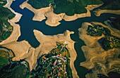 Spain, Jaen, Water reservoir, seen from the sky, in summer, in Jaen region (aerial view)