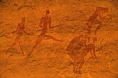 Algeria, Sahara, Tassili Cultural Park listed as World Heritage by UNESCO, Tassili n'Ajjer National Park, Jabbarem, rock paintings on the Tassili n'Ajjer highlands, tribe on the move