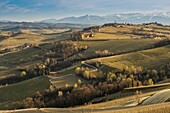 Italy, Piedmont, Province of Cuneo, The Langhe Wine Region, listed as World Heritage by UNESCO, the castle Volta with in background the chain of the Alps