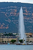 Switzerland, Geneva, the famous water jet emblem of the city 140 meters high, in the Geneva lake (Leman Lake) harbor