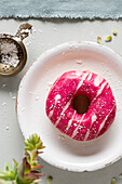 Pink donuts strawberry flavour. Top view.