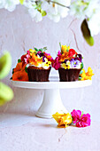 Japanisch inspirierte Karotten-Cupcakes mit Apfelminze und essbaren Blumen.