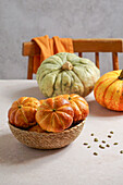 Pumpkin roll yeast bread with spices on linen background. Thanksgiving food concept. Autumn concept,top view,Halloween