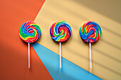 Lollipops with modern color blocking aesthetic.