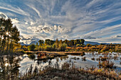 USA,Wyoming. Grand Tetons National Park,kleine Teiche in der Nähe des Jackson Dam und Lake im Abendlicht mit goldenen Herbstfarben