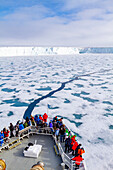 The Lindblad Expedition ship National Geographic Explorer at Austfonna in the Svalbard Archipelago, Norway, Arctic, Europe