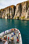 The Lindblad Expedition ship National Geographic Explorer near Cape Fanshawe in the Svalbard Archipelago, Norway, Arctic, Europe