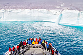 The Lindblad Expedition ship National Geographic Explorer at Austfonna in the Svalbard Archipelago, Norway, Arctic, Europe