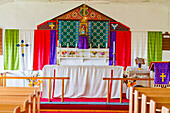 Brightly coloured altar inside a church on Tristan da Cunha, the most remote inhabited location on Earth, Tristan da Cunha, South Atlantic Ocean