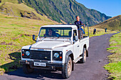 Tourist vehicle on Tristan da Cunha, the most remote inhabited location on Earth, Tristan da Cunha, South Atlantic Ocean