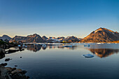 Fishing trawler in the mountainous fjord, Kulusuk, Greenland, Denmark, Polar Regions