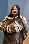 Inuit girl in traditional dress, Grise Fjord, most northern community in America, Nunavut, Canadian Arctic, Canada, North America