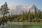 The Bow River and Ha Ling Peak in wildfire smoke, Canmore, Canadian Rockies, Alberta, Canada, North America