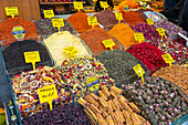 Assorted spices and teas on display in store, Egyptian Bazaar (Spice Bazaar Market), Eminonu, Fatih District, Istanbul, Turkey, Europe