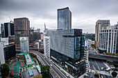 Aerial view of big Intersection in Ginza, looking over the streets and skyscraper facades, Tokyo, Honshu, Japan, Asia