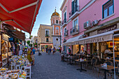 View of Basilica S. Maria Di Loreto and shops and cafes, Forio, Island of Ischia, Campania, Italy, Europe