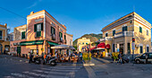 View of colourful shops and bars at Via San Francisco, Forio, Island of Ischia, Campania, Italy, Europe