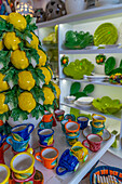 View of colourful local pottery in Forio, Forio, Island of Ischia, Campania, Italy, Europe