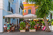 View of cafes in Piazza Giacomo Matteotti, Forio, Island of Ischia, Campania, Italy, Europe