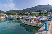 View of marina boats and town in Casamicciola Terme, Island of Ischia, Campania, Italy, Europe