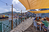 View of cafe overlooking Miramare e Castello beach, Port of Ischia, Island of Ischia, Campania, Italy, Europe