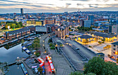 Aerial view of Victoria Quays and Sheffield city skyline at dusk, Sheffield, South Yorkshire, England, United Kingdom, Europe