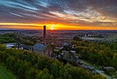 Aerial view of pit headstocks at Pleasley Country Park during sunset, Pleasley, Bolsover, Derbyshire, England, United Kingdom, Europe