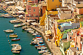 Blick auf Marina di Corricella von erhöhter Position,Procida,Phlegräische Inseln,Golf von Neapel,Kampanien,Süditalien,Italien,Europa