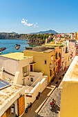 View of Marina di Corricella from Church of Santa Maria delle Grazie, Procida, Phlegraean Islands, Gulf of Naples, Campania, Southern Italy, Italy, Europe