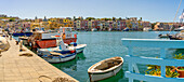 View of Church of Santa Maria della Pieta in the fishing port Marina Grande with boats, Procida, Phlegraean Islands, Gulf of Naples, Campania, Southern Italy, Italy, Europe