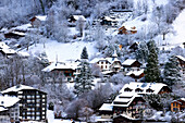 Französische Alpen im Winter,berühmte Skistation,Saint Gervais Mont-Blanc Dorf,Saint Gervais,Hochsavoyen,Frankreich,Europa