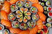 Different Japanese rolls and sushi on a plate, Japanese food, France, Europe